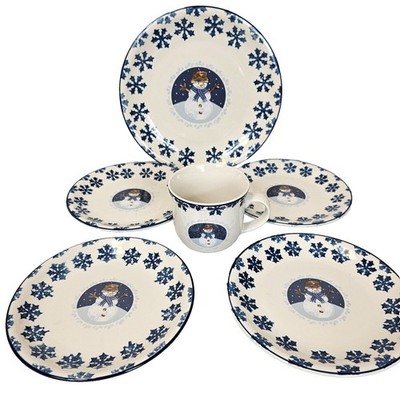 Folkcraft Stoneware Cameo Snowman Dishes Plates Saucers Mug Incomplete Set
