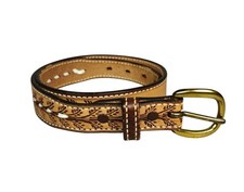 Vintage DunDee Women's Tooled Leather Belt Size 30 Western Style Brass Buckle