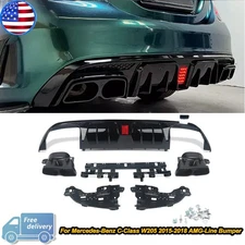 For 15-21 Benz W205 C63 C43 Sedan B Style Rear Diffuser Lip +Exhaust Tips W/LED