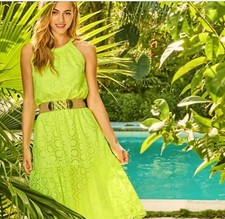 Lilly Pulitzer ALDA MIDI DRESS Prickly Pear Yellow Neon Geo Eyelet XS
