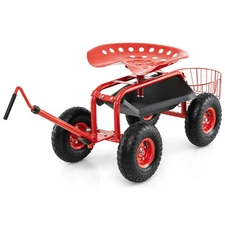 Garden Cart Rolling Work Seat Wagon Scooter for Planting w/Extendable Handle