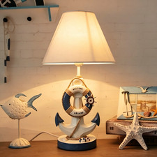 Navy Anchor Plug Table Lamp Fabric Shade Resin Night Light Nautical Style Lamp