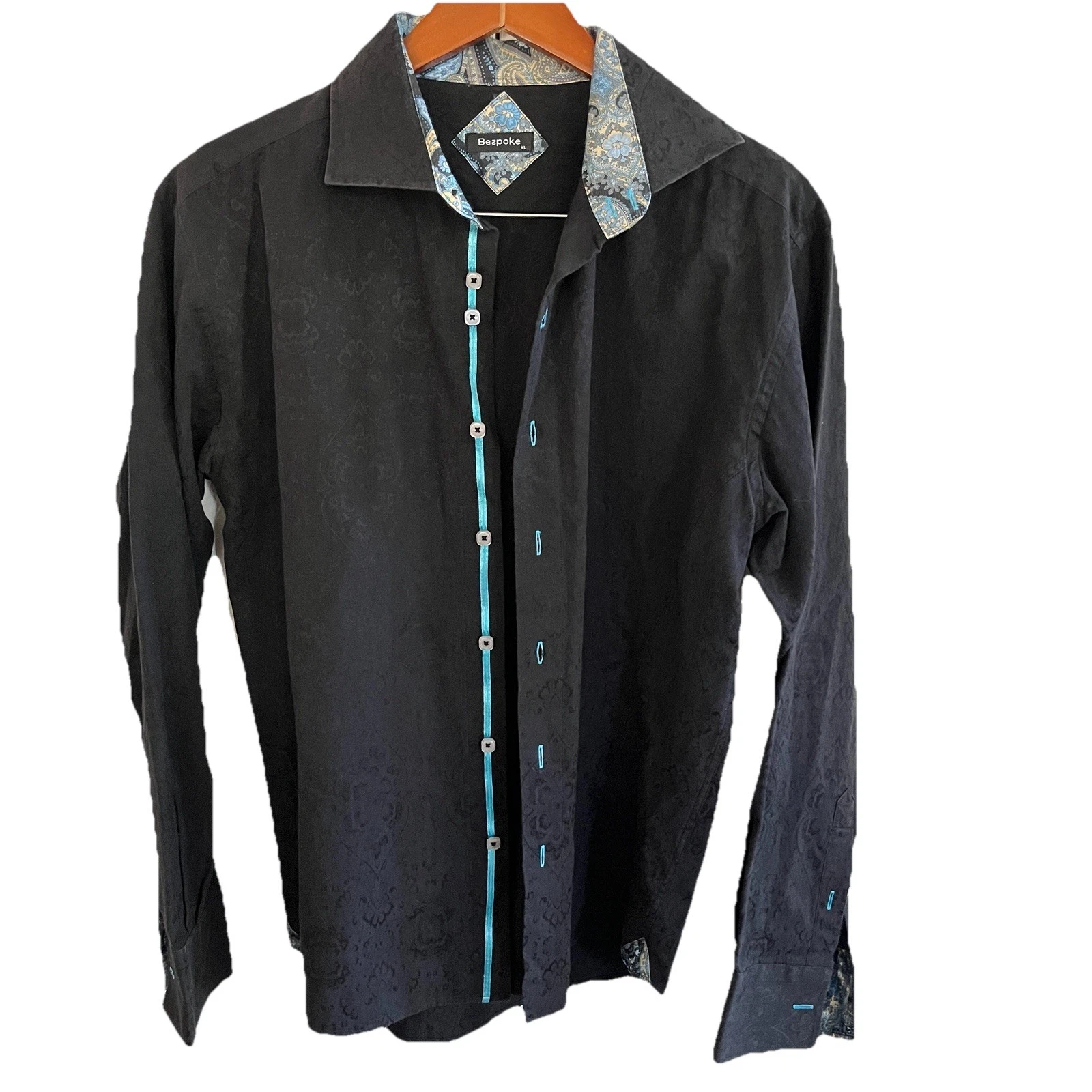Bespoke Shirt Mens XL Linen Blue Paisley Flip Cuff Long Sleeve Button Down