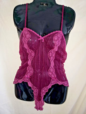 Vtg BLUSH lingerie women's M teddy sheer purple ribbed lace one-piece Bodysuit
