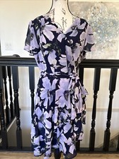 Tahari ASL Women’s Navy Floral Chiffon Fit-n-Flare Dress Size 8S Summer Fall