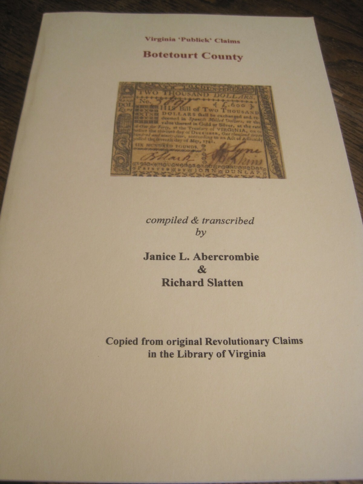 Virginia Publick Claims BOTETOURT County PBK by Janice Abercrombie & R