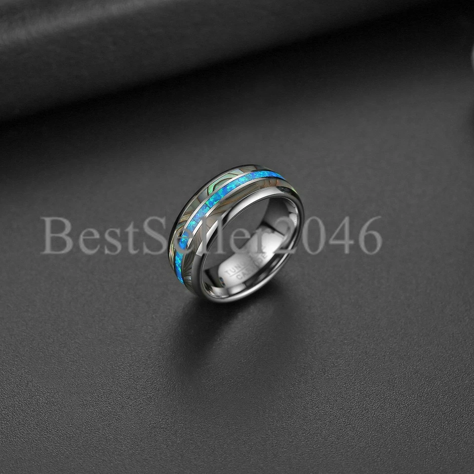 8mm Men Women Tungsten Ring Real Green/Pink Opal Abalone Shell Wedding Band - Image 3 of 4