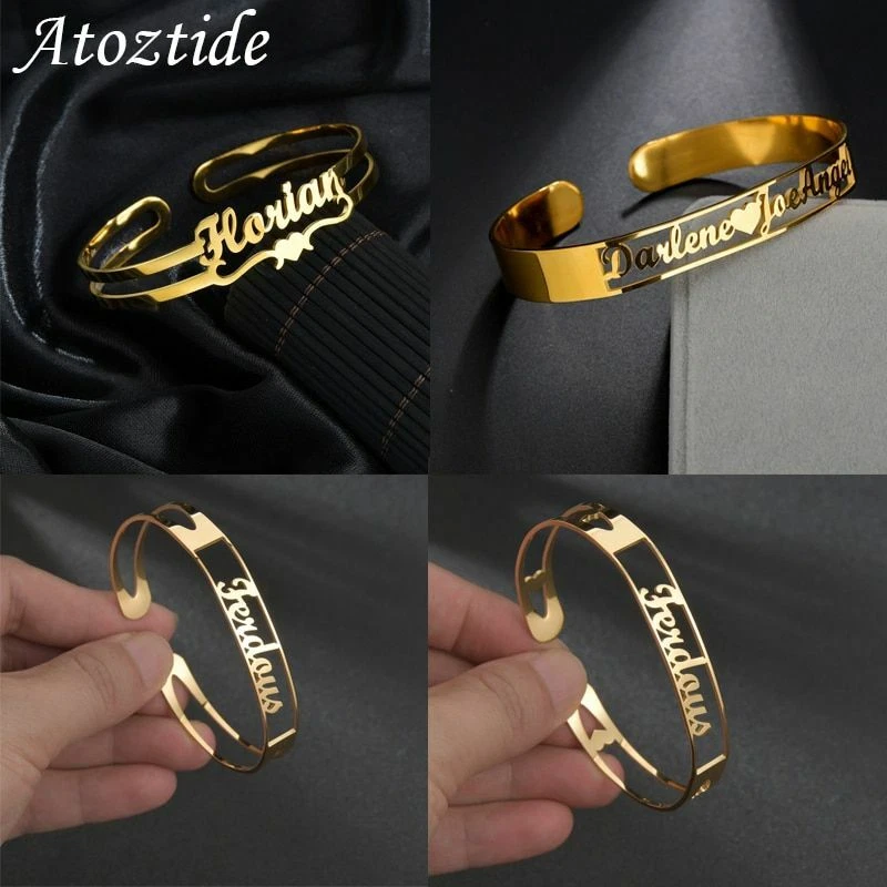 Custom Name Cuff Bracelet Bangle Stainless Steel Personalized Name Bracelet  18K Gold Plated Name Cuff Bangle Customized Jewelry Gifts for Women 