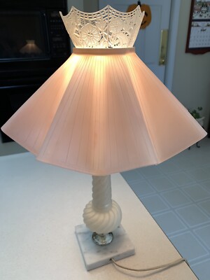 Antique Swirl Milk Glass 13'' Parlor Table Lamp w/Plastic Shade Marble Base