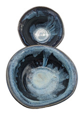 Two (2) Studio Art Pottery Rimmed Bowls w/Blue Drip Glaze Out of Round  S Lopez