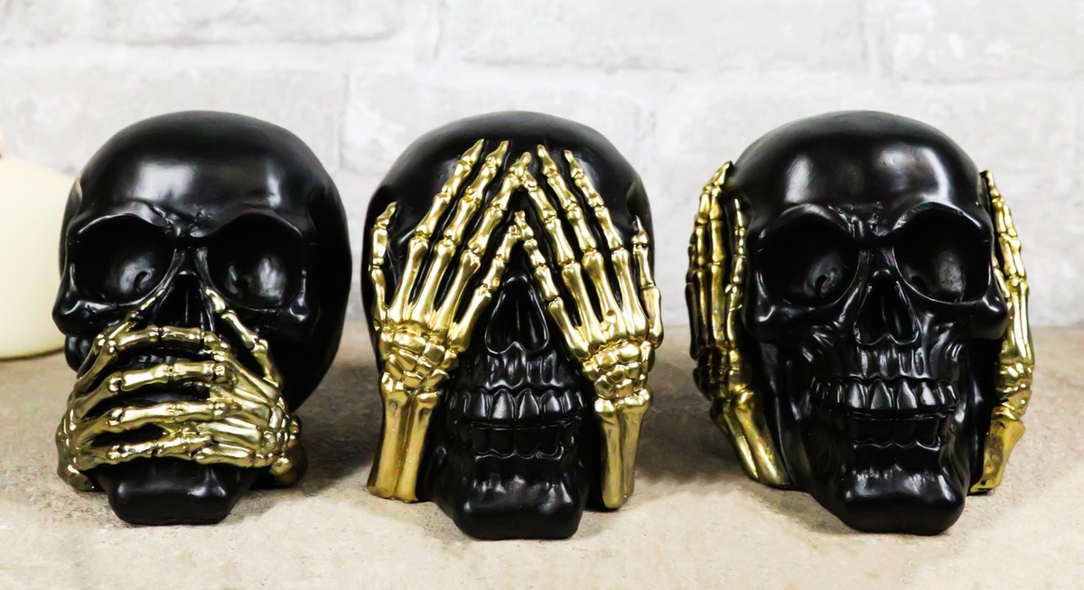 Set Of 3 Gothic Black See Hear Speak No Evil Skulls Gold Bone