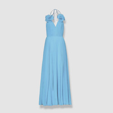  597 Milly Womens Blue Ruffled Shoulder Pleated Halter A-Line Dress Size 10