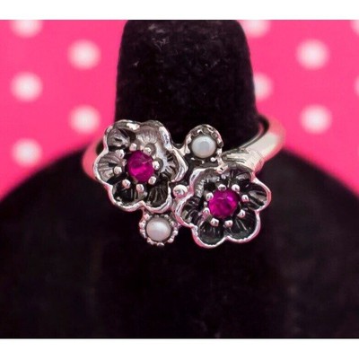 Vintage PInk Stone Flowers Silver Tone Ring by Avon Size 6 - P23