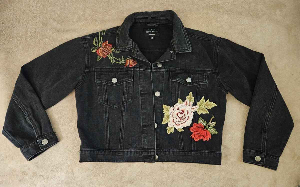 Haute Monde Faded Black Jean Jacket Patches Embroidered Colorful