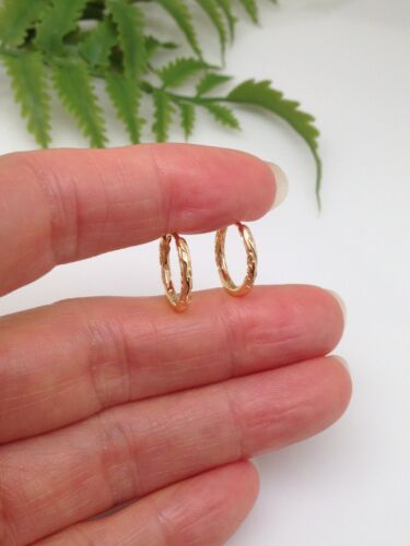 925 Sterling Silver Gold Textured Huggie Hoop Earrings Womens Girls 13mm x1.5mm