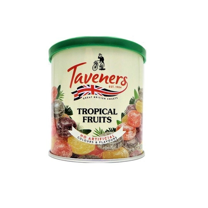 Taveners Tropical Fruit Drops 200g Tin - No Artificial Colours or Flavours