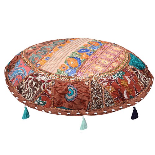Brown Medium Vintage Patchwork Floor Cushion Home Decor Floor Pillow Cover 22 in - Picture 2 of 6