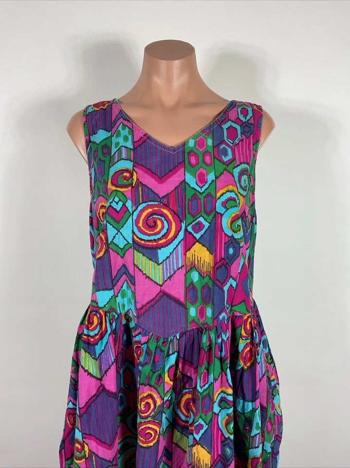 Vestido de verão midi psicodélico vintage anos 80 anos 90 estilo espartilho saia completa cintura alargada M - Imagem 4 de 4