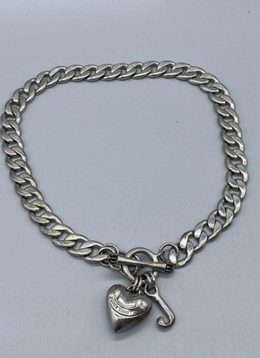 Juicy Couture Silver Tone Choker Necklace Chain Link Toggle Clasp Heart J Charms