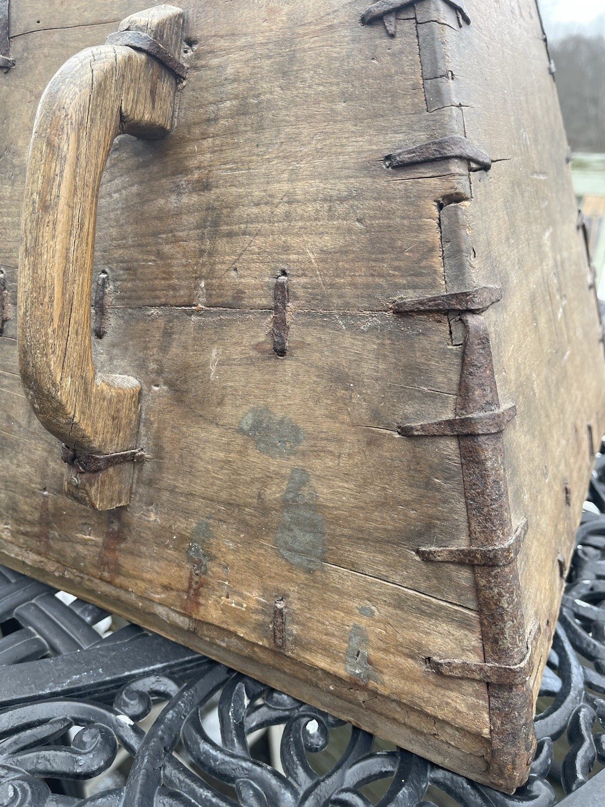 Antique Chinese Wooden Rice Bucket Pail Grain Carrier w/ Iron Bands Orig Writing