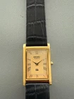 Vintage Seiko Tank Wrist Watch Refurbished Gold Dial Gold Bezel Black Strap