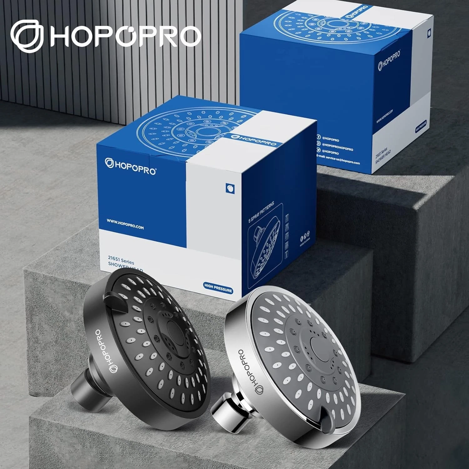 HOPOPRO 5-Mode High Pressure Shower Head - 4 Inch - Modern Matte Black