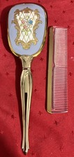 Vintage Vanity Set Brush Comb Goldtone Handle NEW Blue Floral Design 11  NEW
