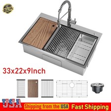 33x22x9'' Commercial Stainless Steel Kitchen Sink w/ Pull Down Spring Faucet US
