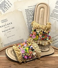 Free People Shipwreck Surf Sandals Slip On Multi Peace Beaded Tan Raffia 7 NEW