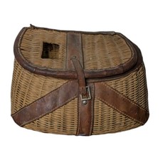 Antique Vintage Wicker and Leather Fishing Creel (1930ish) for Display 