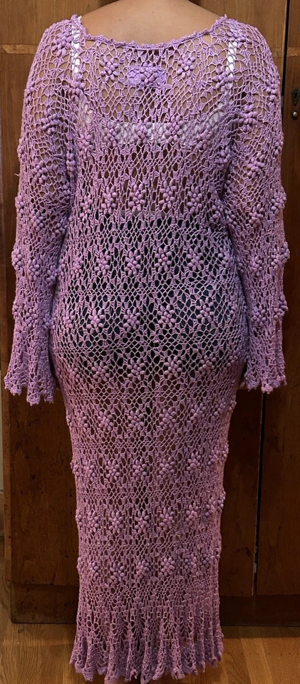Antigo Vestido Maxi Alonzo Charles Crochê Lilás Manga Sino Tamanho Grande Boho Fada - Imagem 4 de 4
