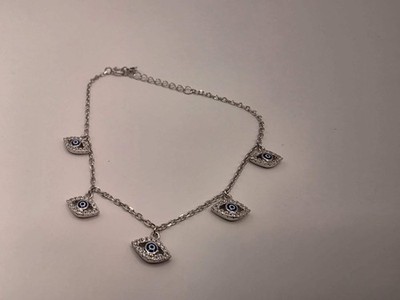 925 Sterling Silver Evil Eye Charm Dangle Bracelet | 7.5'' | CZ Halo Charms | Del