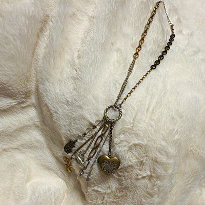 Silver & Gold Tone Metal Cable Chain Charm Necklace with Heart Locket Pendant