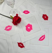 Set of 6 or 12 Cocktail Napkins, Lips, Embroidered, 6 by 6 inches, white hemst