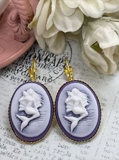 Bright Gold Purple Mermaid Sea Life Birthday gift Beach Earrings Cameo Festival