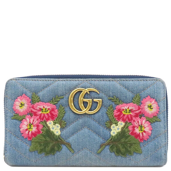 Gucci Long Wallet Gg Marmont Embroidered Zip Around Denim Blue