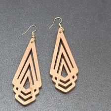 New Boho Pierced Earrings Metallic Gold Wood Cut Geometric Dangle 3"