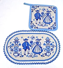 Folk Art Blue Tan White Austria Doily & Pot Holder Woven Cotton Crochet Edge