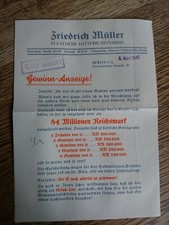 Reichslotterie Ein Achtellos 1940 Gewinnmitteilung Reichsmark Auszahlungsbeleg
