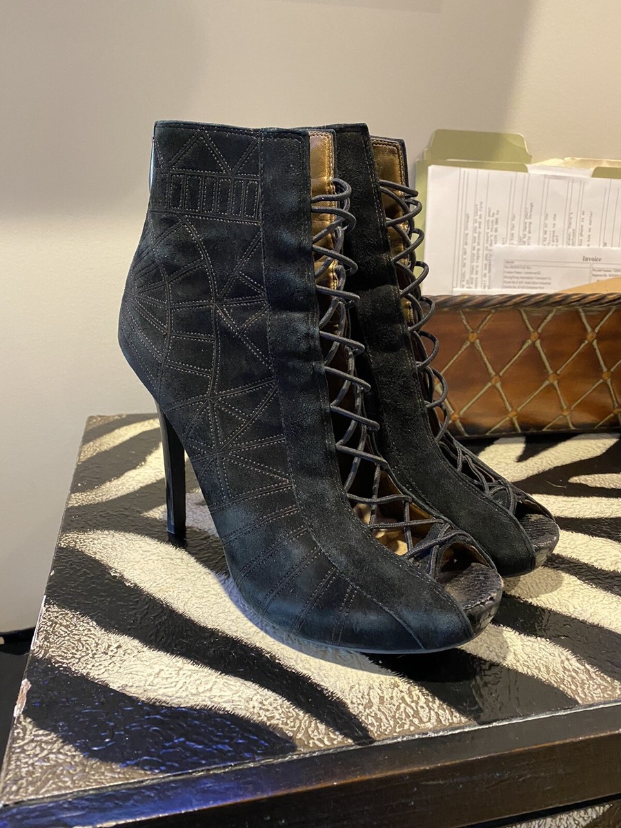 Sam Edelman Queenie Black Suede Embroidered Corset Open Toe