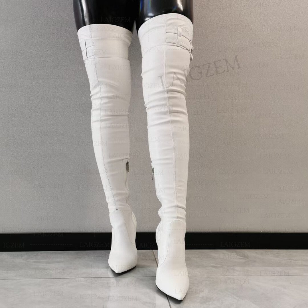 Women Thigh High Boots Side Zip Stretchy Faux Leather Over Knee Tall ...