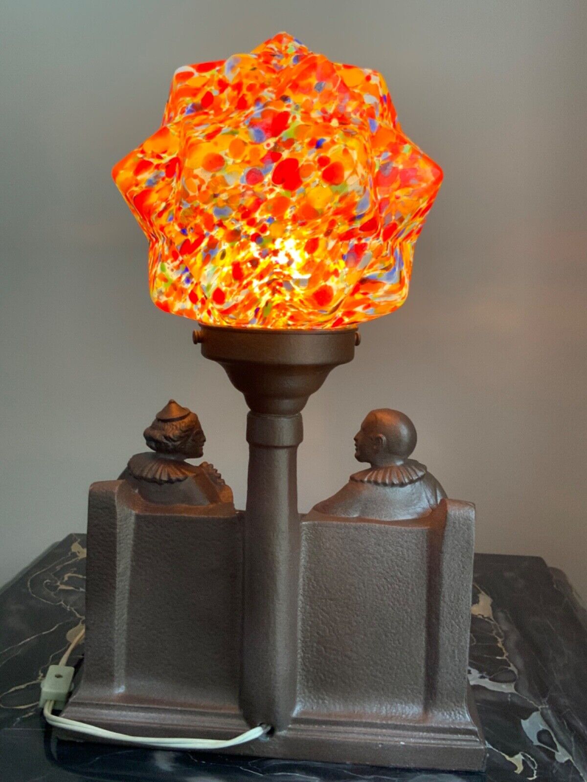Antique Art Deco Lamp Figural Harlequin Czech End of Day Spatter Glass  Shade | eBay