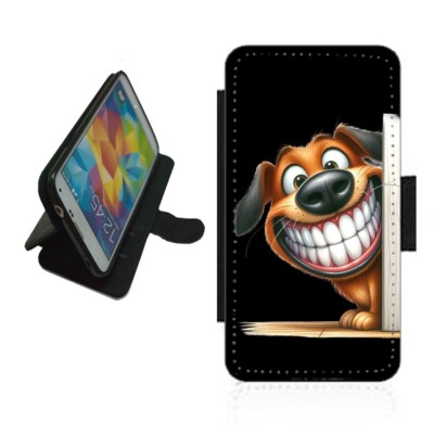 Hund Handyhülle Geldbörse für iPhone Samsung Flip Zeichnung DOG1 Peeking lächelnd