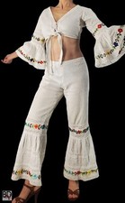 Vintage 60s or early 70s Mexican Embroidered Crop Top  Bell-Bottoms Set
