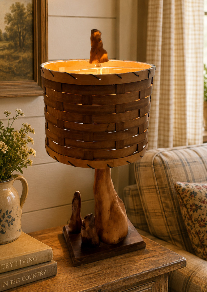 Cypress knees lamp with original basket-weave shade — a wildly specific piece of American folk-meets-MCM craft you won't find twice.