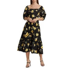 Teri Jon By Rickie Freeman Midi Dress 16 Black Yellow Roses Tiered Summer