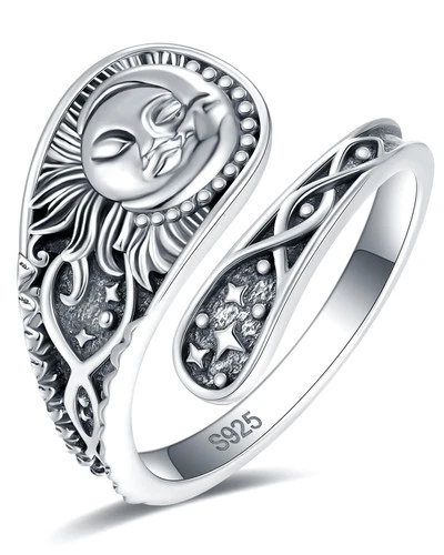S925-Sterling-Silver Sun and Moon Spoon Ring - Vintage Boho Adjustable Thumb O