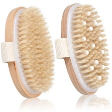 2 Pack Dry Brushing Body Brush, Natural Bristle Exfoliating Brush with Massage N