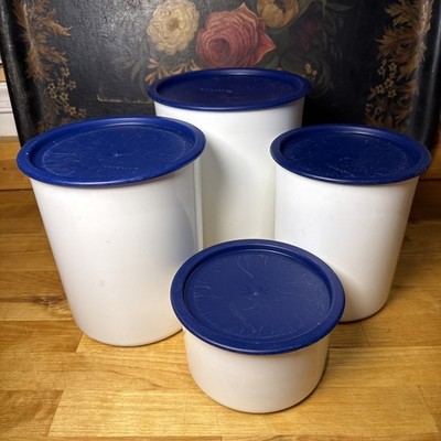 Vintage Tupperware Set Of 4 White Canisters With One Touch Blue Lids 2416B-4