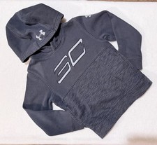 UNDER ARMOUR Boys Charcoal Gray ColdGear Fleeced Hooded Athletic Sweatshirt Sm